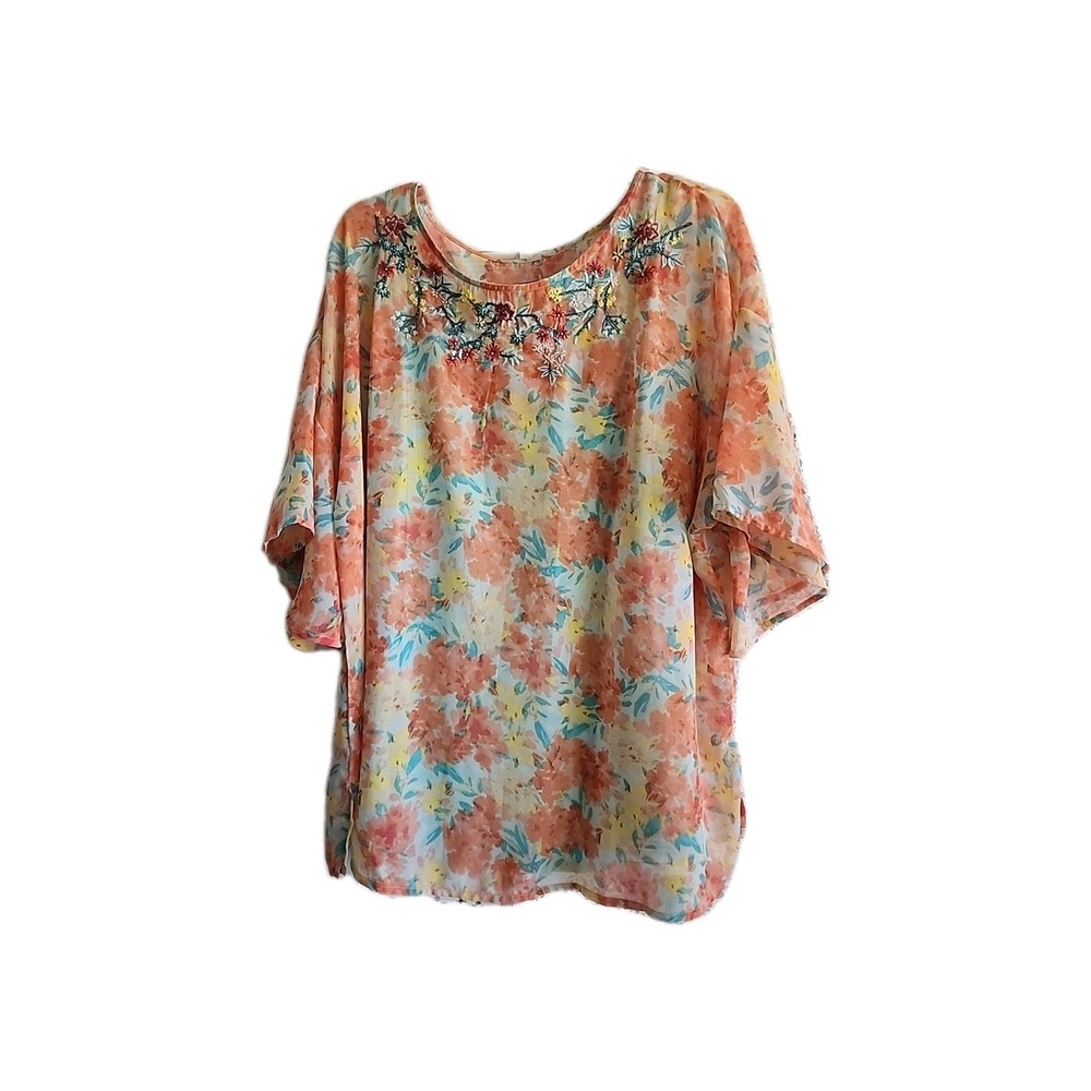 Jason Wu Floral Chiffon Top Shirt Blouse Enbroidered Orange Overlay Aqua Tank L